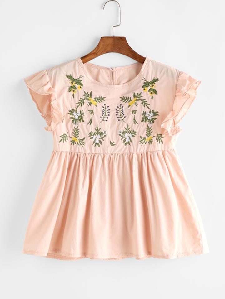 Romwe Floral Embroidered Ruffle Sleeve Blouse
