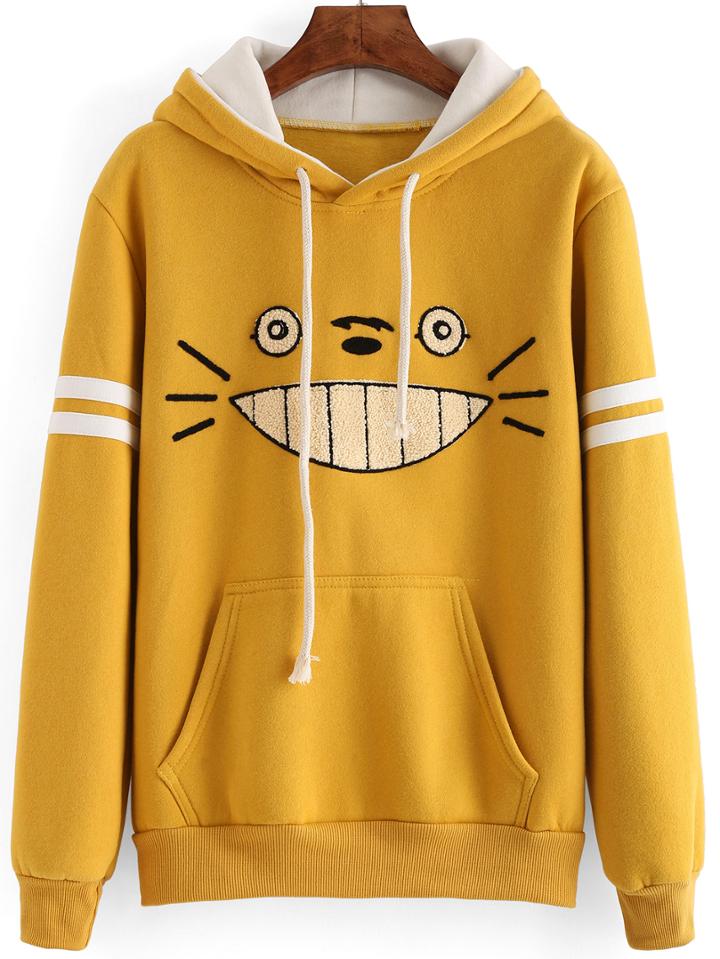 Romwe Hooded Drawstring Cartoon Embroidered Yellow Sweatshirt