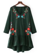 Romwe Floral Embroidery Drop Waist Gingham Dress
