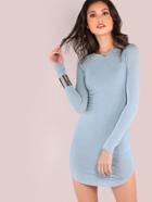 Romwe Blue Long Sleeve Curved Hem Bodycon Dress