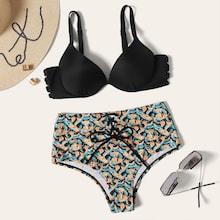 Romwe Underwire Top With Random Palm Print Lace-up Bikini Set
