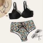 Romwe Underwire Top With Random Palm Print Lace-up Bikini Set