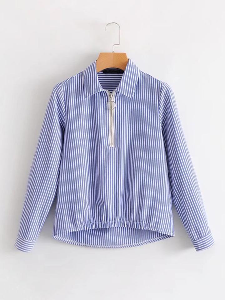 Romwe Zipper Up Striped Blouse