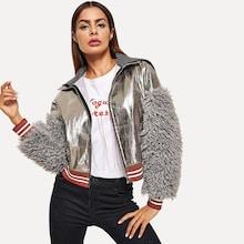 Romwe Faux Shearling Sleeve Metallic Jacket