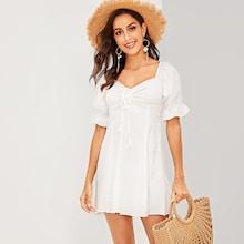 Romwe Drawstring Neck Ruffle Cuff Knot Back Dress