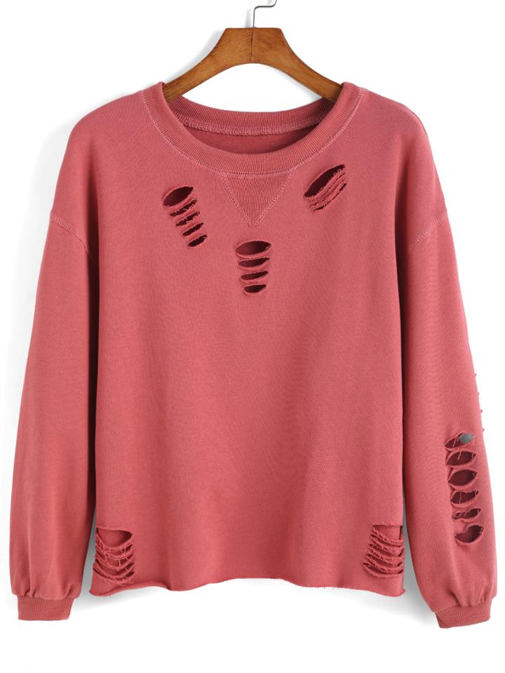 Romwe Round Neck Ripped Sweatshirt