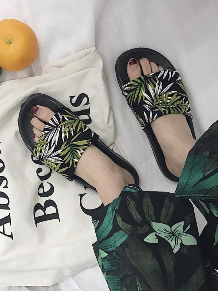 Romwe Tropical Print Peep Toe Sliders
