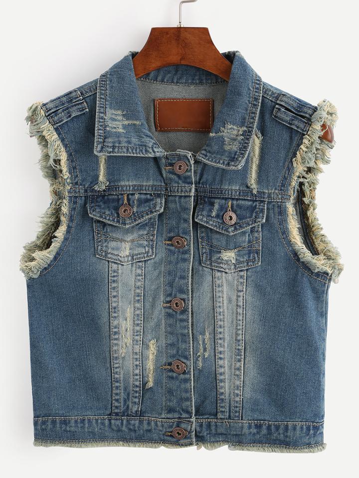 Romwe Frayed Armhole Blue Denim Vest