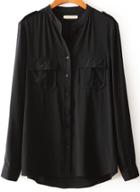 Romwe Black Stand Collar Long Sleeve Pockets Blouse