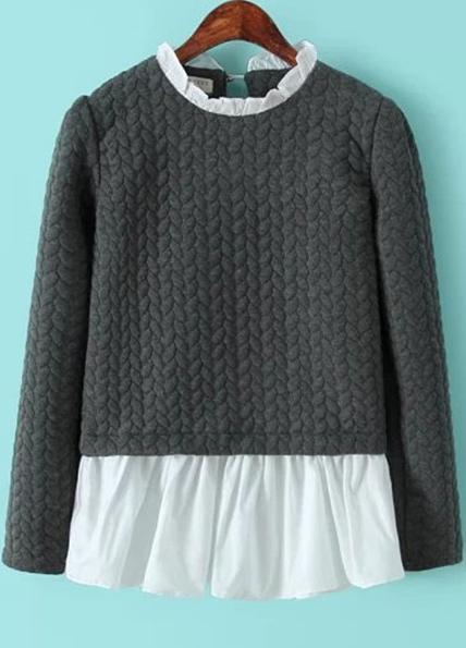 Romwe Contrast Flouncing Hem Cable Pattern Grey T-shirt