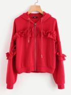 Romwe Drop Shoulder Shirred Frill Trim Zip Up Hoodie