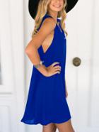 Romwe Blue Cutout Lattice Neck Dress