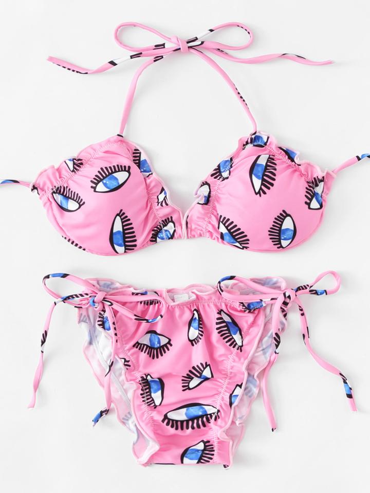 Romwe Lettuce Trim Eye Print Bikini Set