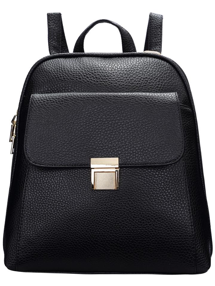 Romwe Black Push Lock Pu Backpacks