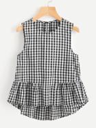 Romwe Buttoned Keyhole Tiered Hem Gingham Shell Top