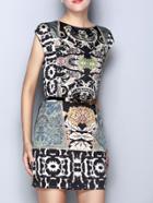 Romwe Black Short Sleeve Vintage Floral Bodycon Dress