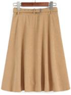 Romwe Belt Pleated Khaki Skirt
