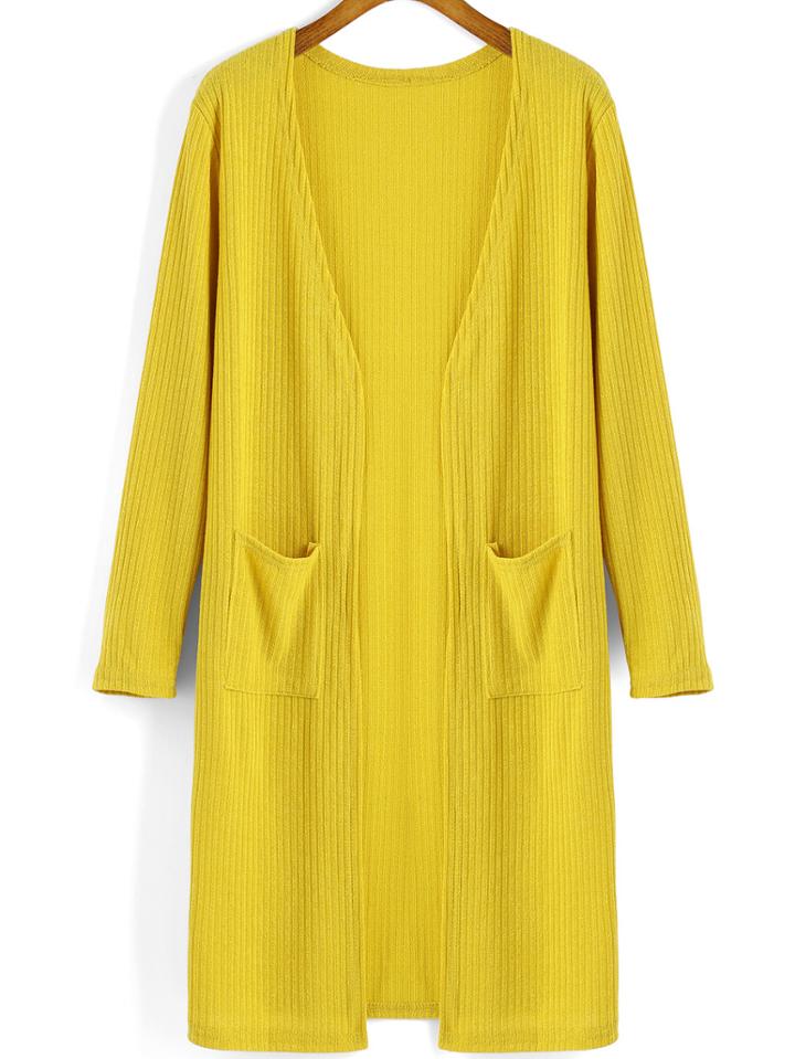 Romwe Long Sleeve Pockets Yellow Cardigan