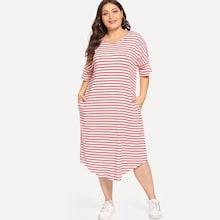 Romwe Plus Drop Shoulder Curved Hem Striped Dress