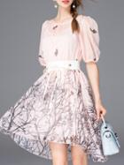 Romwe Pink Pleated Belted High Low Dress
