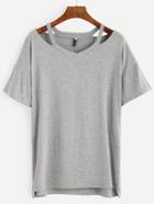Romwe Heather Grey Cutout Drop Shoulder High Low T-shirt