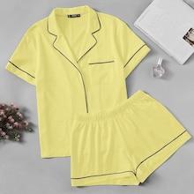 Romwe Pocket Patched Contrast Binding Shirt And Shorts Pj Set