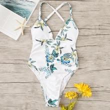 Romwe Floral Cross Back One Piece Swimsuit