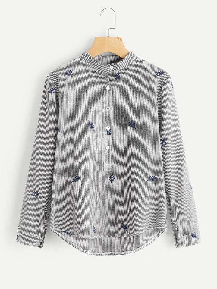 Romwe Leaf Embroidered Pinstripe Shirt