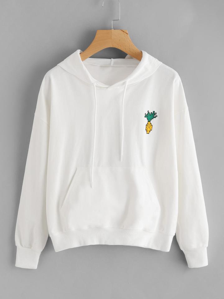 Romwe Hooded Drawstring Embroidered Sweatshirt