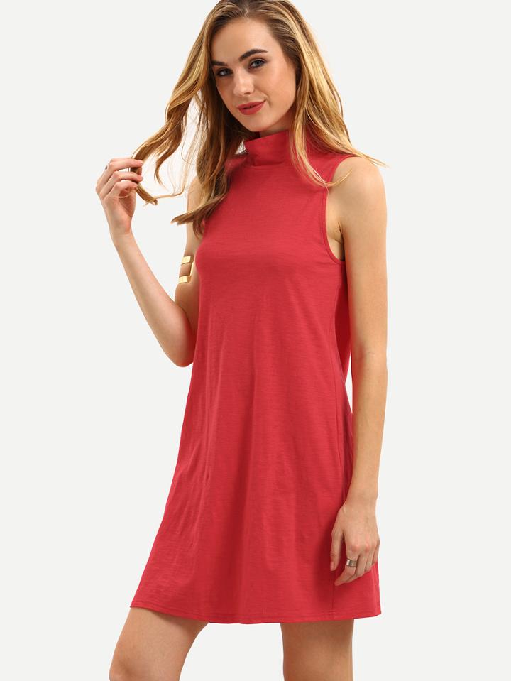 Romwe Red Sleeveless High Neck Dress