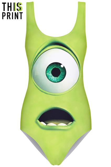 Romwe This Is Print Green Monster Print Swimsuit