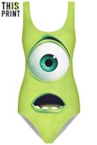 Romwe This Is Print Green Monster Print Swimsuit