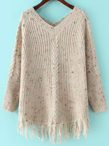 Romwe V Neck Fringe Sweater Poncho