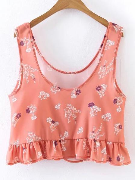 Romwe Pink Flower Print Ruffle Hem Tank Top