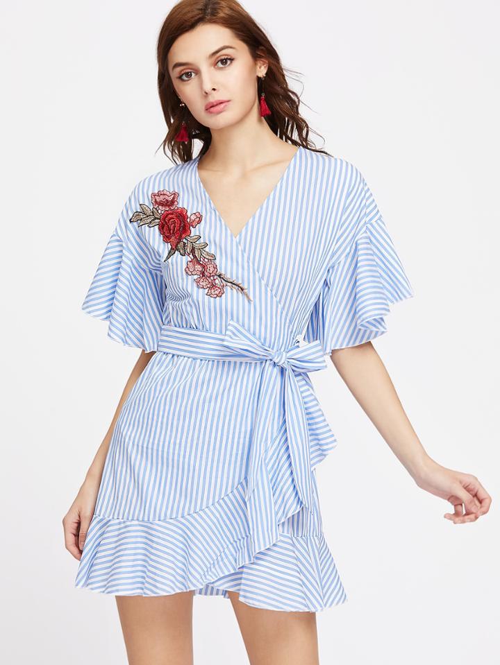 Romwe Striped Embroidered Rose Patch Ruffle Trim Surplice Belted Dress