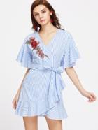 Romwe Striped Embroidered Rose Patch Ruffle Trim Surplice Belted Dress