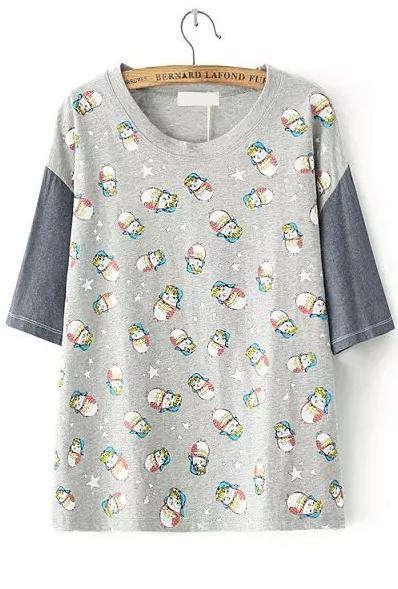 Romwe Contrast Sleeve Owl Print Grey T-shirt