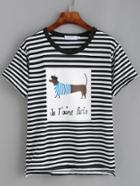 Romwe Black White Striped Dog Print T-shirt