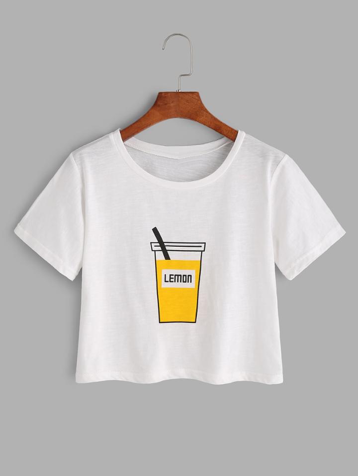 Romwe White Printed Crop T-shirt