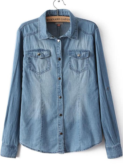 Romwe Lapel Bleached Denim Blouse