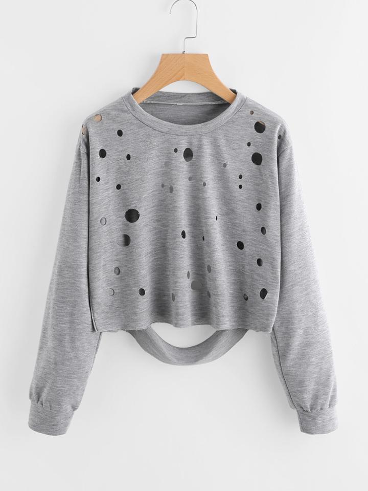 Romwe Eyelet Ripped Back Raw Hem Marled Sweatshirt