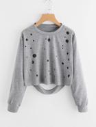 Romwe Eyelet Ripped Back Raw Hem Marled Sweatshirt
