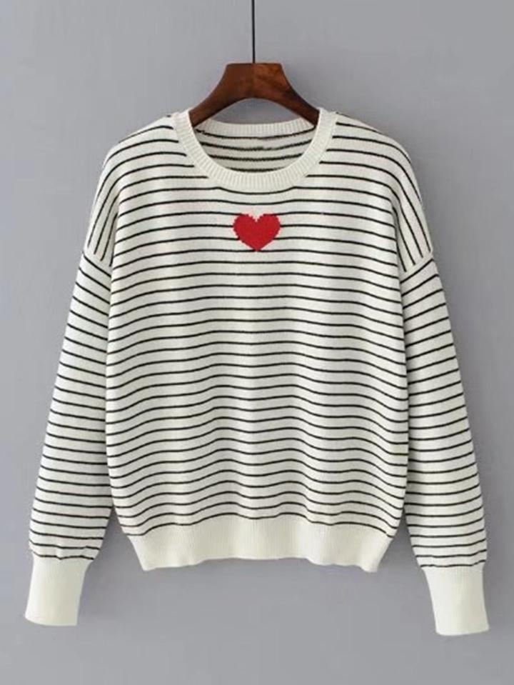 Romwe Heart Pattern Striped Knitwear