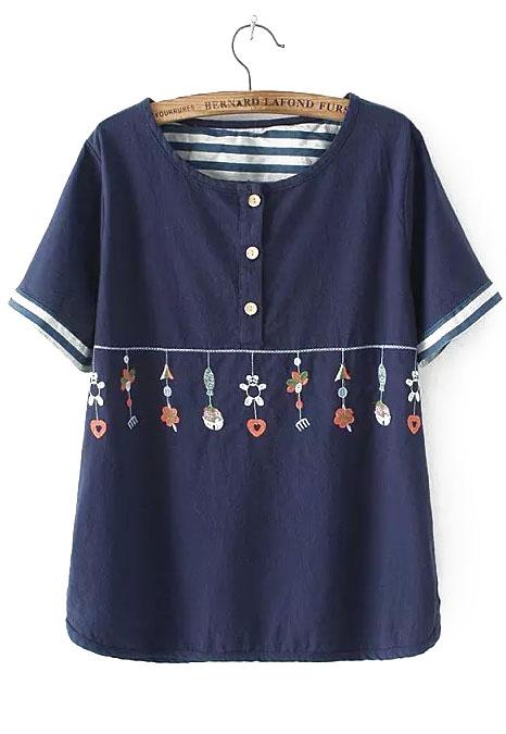 Romwe With Buttons Embroidered Navy T-shirt