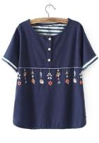 Romwe With Buttons Embroidered Navy T-shirt