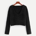 Romwe Plus V Neck Fuzzy Crop Sweater