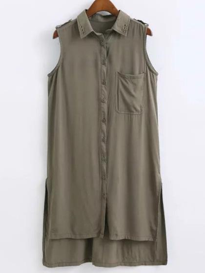 Romwe Army Green Sleeveless Pocket Buttons Front High Low Shirt Dress