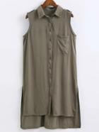 Romwe Army Green Sleeveless Pocket Buttons Front High Low Shirt Dress