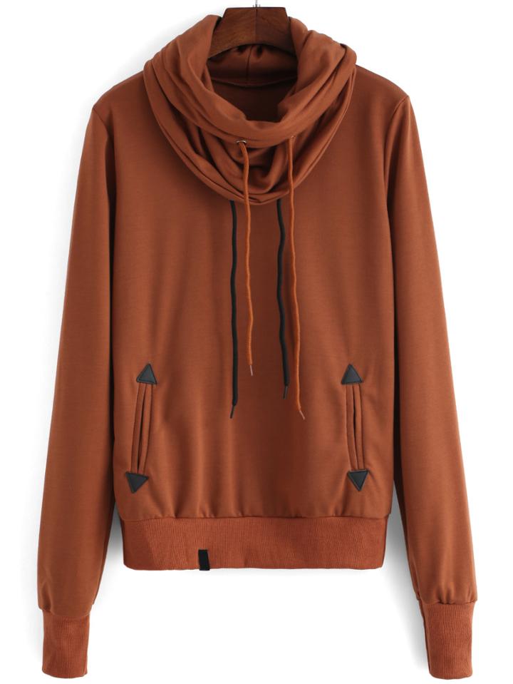 Romwe Draped Neck Drawstring Brown Sweatshirt