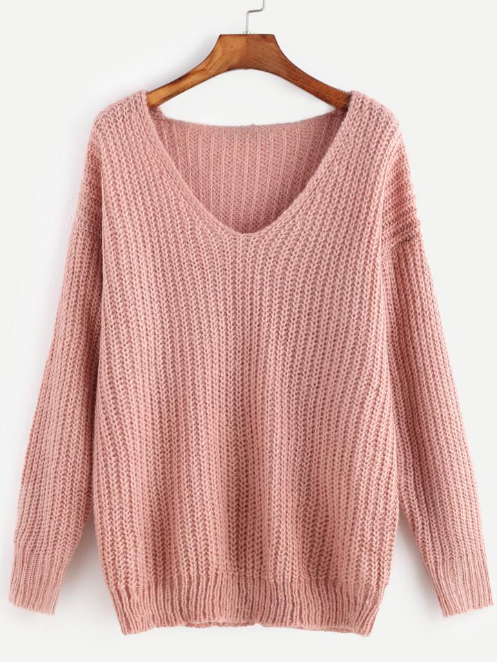 Romwe Pink Ribbed Knit V Neck Drop Shoulder Sweater